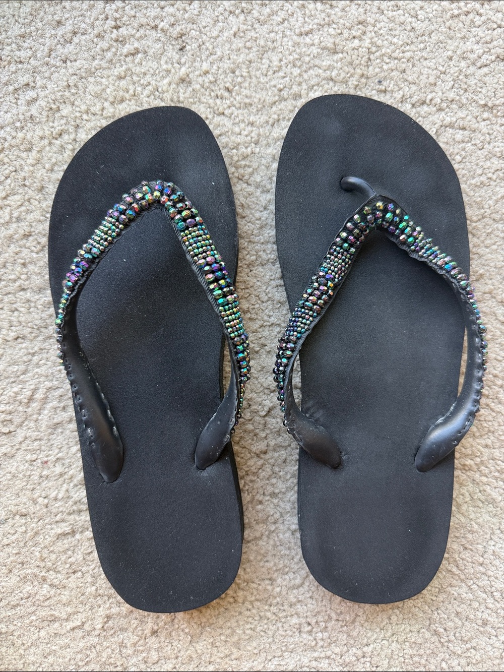 Beaded Black Women's Flip Flops - Elegant Beach Sandals
